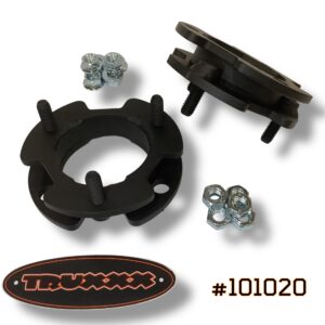 Truxxx 101020 1.5-inch front leveling kit for 2019-2023 Ford Ranger and Ranger Tremor, showing steel spacers and high-tensile hardware.