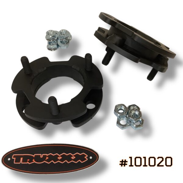 Truxxx 101020 1.5-inch front leveling kit for 2019-2023 Ford Ranger and Ranger Tremor, showing steel spacers and high-tensile hardware.