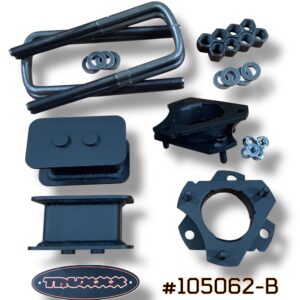 The Truxxx #105062-B 'Level Plus' lift kit for 2024–2026 Ford F-150 Tremor models. This kit provides a 2.0-inch front boost and a 1.0-inch rear lift to clear 35-inch tires while maintaining a taller stance for towing and hauling gear. Built with North American steel that won't get brittle in extreme cold.