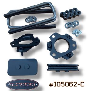 Product photo of Truxxx kit #105062-C for 2024–2026 Ford F-150 Tremor, showcasing precision laser-cut North American Mill Certified Steel 1.5-inch front lift spacers and -1.25-inch rear lift components with a durable salt-resistant coating and high-tensile Grade 10.9 fasteners.