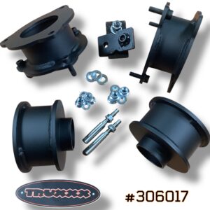 Truxxx 306017 2.5-inch front and rear lift kit for 2019-2022 Kia Telluride and Hyundai Palisade featuring steel spacers and shock shaft extensions.