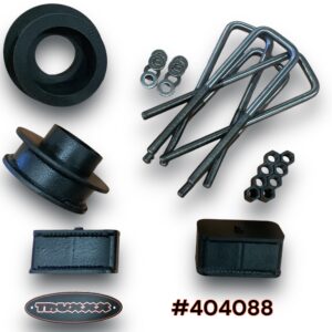 Truxxx 404088 2.5 inch front and rear lift kit for 2003-2026 Chevy Express and GMC Savana 2500/3500 8-lug vans, featuring steel spacers and 5/8 inch U-bolts.