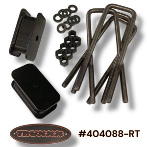 Truxxx 404088-RT 2 inch rear lift kit for 2003-2026 Chevy Express and GMC Savana 2500/3500 8-lug vans, featuring laser-cut steel blocks and heavy-duty 9/16 inch U-bolts