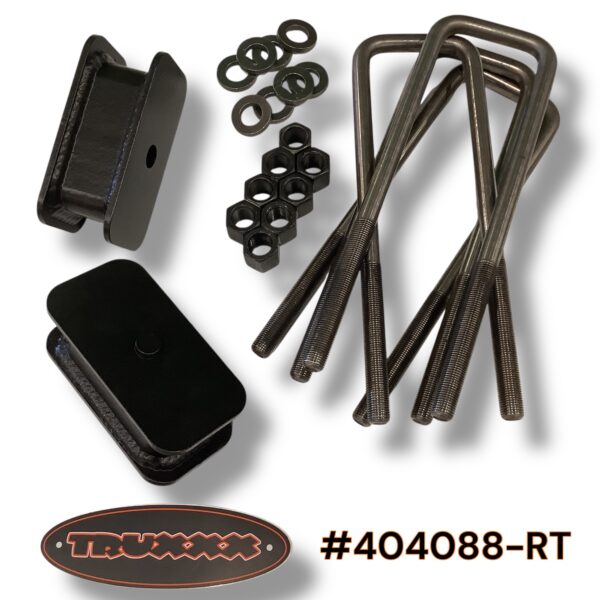 404088-RT.jpeg Truxxx 404088-RT 2 inch rear lift kit for 2003-2026 Chevy Express and GMC Savana 2500/3500 8-lug vans, featuring laser-cut steel blocks and heavy-duty 9/16 inch U-bolts