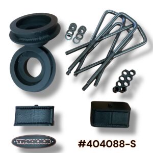 Truxxx 404088-S 2.5 inch front and rear lift kit for 2003-2026 Chevy Express/GMC Savana 2500/3500 8-lug vans, featuring HD spring spacers and 5/8 inch U-bolts.