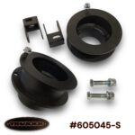 Truxxx #605045-S 2.25-inch front leveling kit for 2013-2026 Ram 3500/4500/5500 4WD Dually and Chassis Cab. Image features two precision laser-cut and fully welded steel front spacers with a durable coat finish and two shock relocation brackets for shocks located behind the spring.