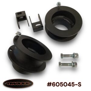 Truxxx #605045-S 2.25-inch front leveling kit for 2013-2026 Ram 3500/4500/5500 4WD Dually and Chassis Cab. Image features two precision laser-cut and fully welded steel front spacers with a durable coat finish and two shock relocation brackets for shocks located behind the spring.