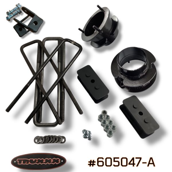 #605047-A Truxxx 605047-A 2.25-inch front and 1.0-inch rear lift kit for 2013–2026 Ram 3500 4500 5500 Dually, featuring 1/4" welded steel spacers and blocks.