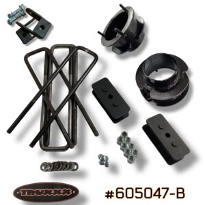 Truxxx 605047-B 2.25-inch front and 2.0-inch rear lift kit for 2013–2026 Ram 3500 4500 5500 Chassis Cab, featuring fully welded steel spacers and rear blocks.