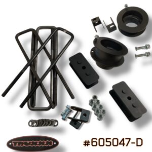 Ram 3500 Cab and Chassis lift, Ram 4500 Chassis Cab leveling, Ram 5500 lift kit, Truxxx 605047-D, DRW lift kit, Ram Super Single clearance, 2.25 front 2 rear lift Ram, shock behind spring Ram lift, 3/4 inch U-bolt Ram dually, 35 inch tires Ram Dually, USA steel truck lift, made in Canada Ram parts, duty-free Ram mods, 605047-D, Ram snow clearance, Ram service body lift.