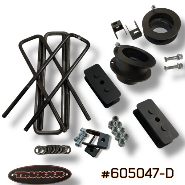 Ram 3500 Cab and Chassis lift, Ram 4500 Chassis Cab leveling, Ram 5500 lift kit, Truxxx 605047-D, DRW lift kit, Ram Super Single clearance, 2.25 front 2 rear lift Ram, shock behind spring Ram lift, 3/4 inch U-bolt Ram dually, 35 inch tires Ram Dually, USA steel truck lift, made in Canada Ram parts, duty-free Ram mods, 605047-D, Ram snow clearance, Ram service body lift.