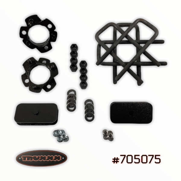 705075.png Truxxx 705075 2.0-inch front and 1.0-inch rear lift kit for 2022-2026 Nissan Frontier D41, featuring North American steel spacers and blocks.