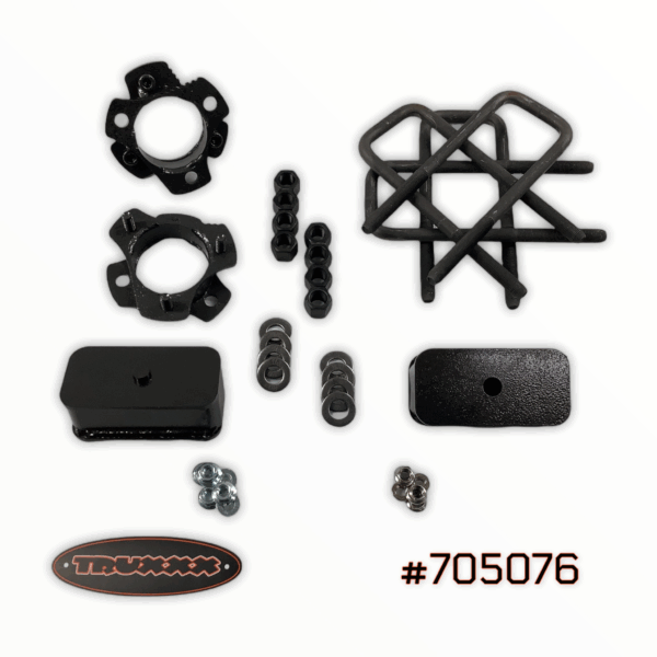 Truxxx 705076 3.0-inch front and 2.0-inch rear lift kit for 2022-2026 Nissan Frontier, featuring North American steel spacers, blocks, and heavy-duty U-bolts.