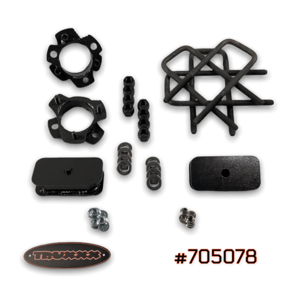 Truxxx 705078 3.0-inch front and 1.5-inch rear lift kit for 2022-2026 Nissan Frontier, featuring steel spacers and rear blocks.