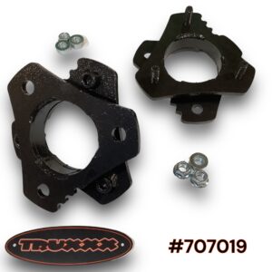 Truxxx part #707019, a 2-inch front leveling kit for 2004-2024 Nissan Titan and Titan XD, featuring heavy-duty North American steel spacers and zinc-plated hardware for a bolt-on installation.