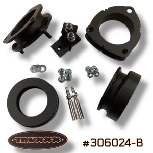 Truxxx 1.5 inch front and 1.25 inch rear lift kit for 2026 Hyundai Palisade XRT part 306024-B showing steel spacers and shock shaft extensions.