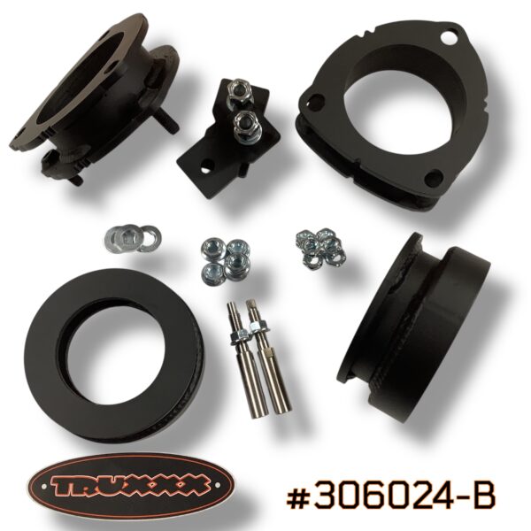 Truxxx 1.5 inch front and 1.25 inch rear lift kit for 2026 Hyundai Palisade XRT part 306024-B showing steel spacers and shock shaft extensions.