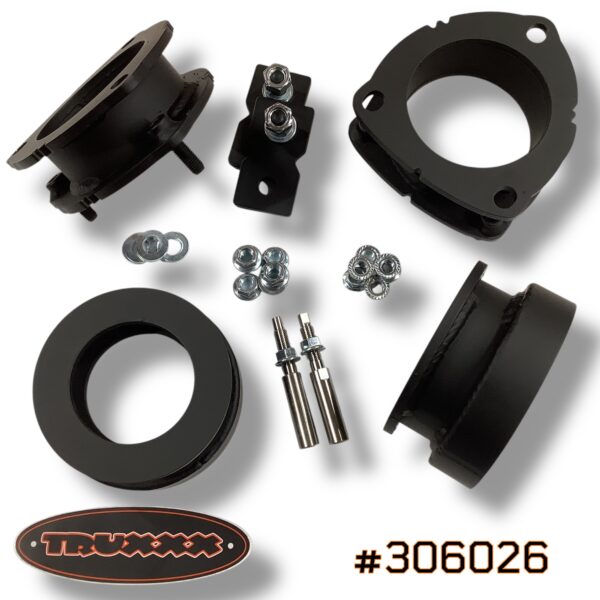 Truxxx 1.75 inch front and 1.5 inch rear lift kit for 2026 Hyundai Palisade part 306026 including steel spacers and shock shaft extensions.