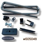 Truxxx #605048 1-inch rear lift kit for 2013-2026 Ram 3500, 4500, and 5500 Dually and Chassis Cab. Image shows two fully-welded 1/4-inch North American steel 1-inch rear blocks with a durable coat finish, two rear shock relocation brackets, and four heavy-duty 3/4-inch U-bolts with high-tensile hardware.
