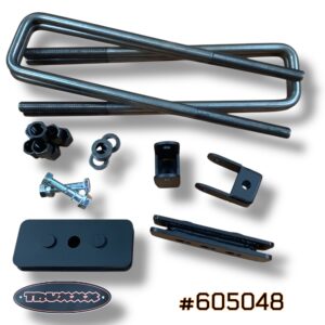 Truxxx #605048 1-inch rear lift kit for 2013-2026 Ram 3500, 4500, and 5500 Dually and Chassis Cab. Image shows two fully-welded 1/4-inch North American steel 1-inch rear blocks with a durable coat finish, two rear shock relocation brackets, and four heavy-duty 3/4-inch U-bolts with high-tensile hardware.