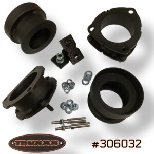 Truxxx #306032 2-inch front and 2.25-inch rear lift kit suspension lift kit for 2027 Kia Telluride, including laser-cut Norht American Mill Certified steel front and rear spacers, all necessary mounting hardware and precision-engineered shock shaft extensions.