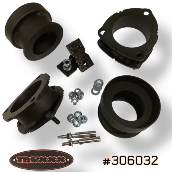Truxxx #306032 2-inch front and 2.25-inch rear lift kit suspension lift kit for 2027 Kia Telluride, including laser-cut Norht American Mill Certified steel front and rear spacers, all necessary mounting hardware and precision-engineered shock shaft extensions.