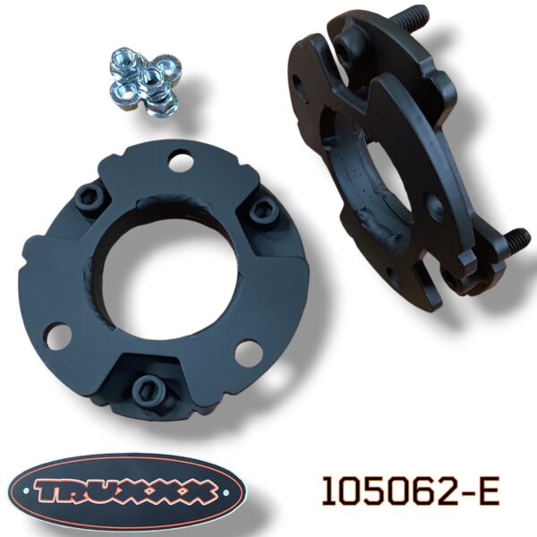 #105062-E Truxxx #105062-E 1.5-inch front lift kit for the Ford Tremor, designed to eliminate factory rake while maintaining a functional stance for towing and hauling. Shown are the durable-coated steel spacers and grade-specific hardware that allow for larger tire clearance without compromising Tremor-specific shock tuning.