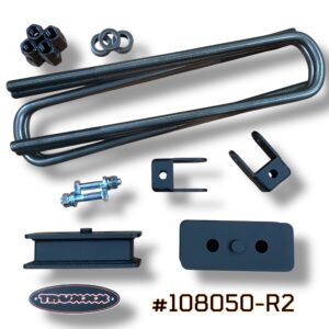 Rear lift and leveling kit #108050-R2 for 2024–2026 Ford Super Duty F-450 and F-550 Chassis Cab and Service Trucks. Showcases 2.0-inch rear lift blocks and shock geometry correction brackets engineered to maintain factory ride quality on demanding job sites. Built from mill-certified steel to provide clearance for 35-inch tires without sacrificing the 30,000-lb towing capacity.