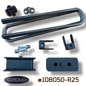 A heavy-duty 2.5-inch rear lift kit designed for maximum payload stability and job-site clearance on 2024–2026 Ford F-450/F-550 Service Trucks and Chassis Cabs. Featuring Truxxx overbuilt steel blocks and shock geometry correction brackets, this kit maintains factory ride quality while providing clearance for 35-inch tires on Dually and DRW configurations under heavy load.