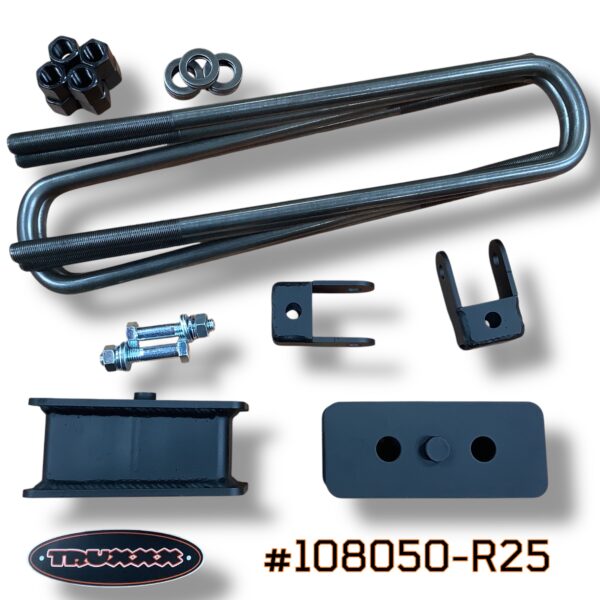 #108050-R25 A heavy-duty 2.5-inch rear lift kit designed for maximum payload stability and job-site clearance on 2024–2026 Ford F-450/F-550 Service Trucks and Chassis Cabs. Featuring Truxxx overbuilt steel blocks and shock geometry correction brackets, this kit maintains factory ride quality while providing clearance for 35-inch tires on Dually and DRW configurations under heavy load.