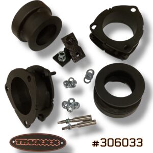 Truxxx #306033 lift kit for 2027 Kia Telluride gas models. Includes 2.0-inch front and 2.0-inch rear North American Mill Certified Steel spacers, custom shock shaft extensions, and high-tensile Grade 10.9 hardware for a squared-up stance.