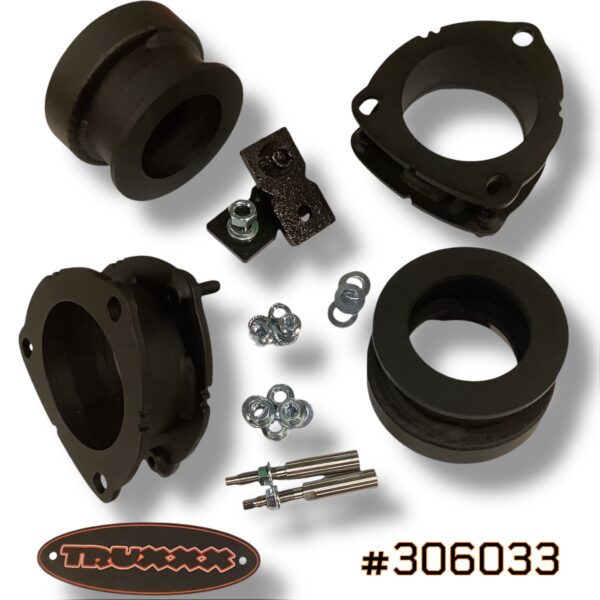 Truxxx #306033 lift kit for 2027 Kia Telluride gas models. Includes 2.0-inch front and 2.0-inch rear North American Mill Certified Steel spacers, custom shock shaft extensions, and high-tensile Grade 10.9 hardware for a squared-up stance.