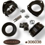Product photo of Truxxx kit #306038 for the 2027 Kia Telluride Hybrid X-Line. Featuring 2.0-inch front and 1.5-inch rear lift spacers made from North American Mill Certified Steel, including custom shock shaft extensions and high-tensile Grade 10.9 hardware.