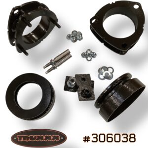 Product photo of Truxxx kit #306038 for the 2027 Kia Telluride Hybrid X-Line. Featuring 2.0-inch front and 1.5-inch rear lift spacers made from North American Mill Certified Steel, including custom shock shaft extensions and high-tensile Grade 10.9 hardware.