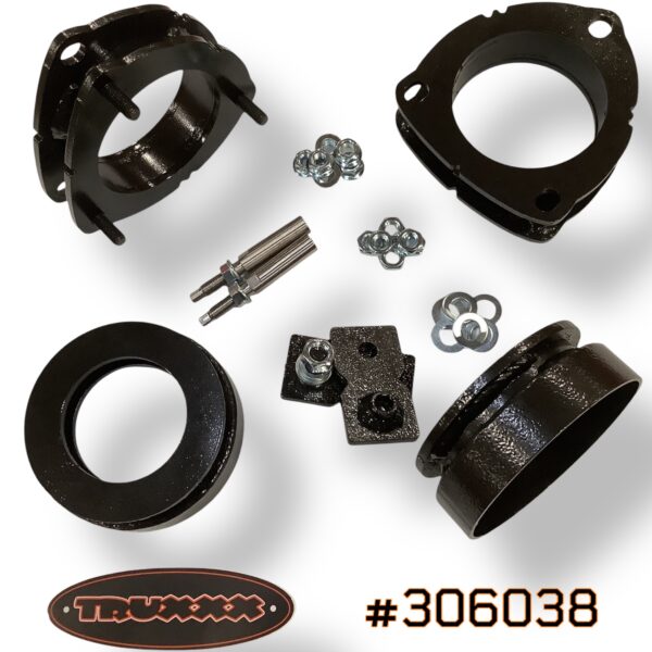 Product photo of Truxxx kit #306038 for the 2027 Kia Telluride Hybrid X-Line. Featuring 2.0-inch front and 1.5-inch rear lift spacers made from North American Mill Certified Steel, including custom shock shaft extensions and high-tensile Grade 10.9 hardware.