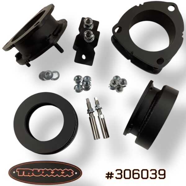 Truxxx #306039 kit for 2027 Kia Telluride Turbo Hybrid. Includes 1.75-inch front and 1.25-inch rear North American Mill Certified Steel spacers, custom shock shaft extensions, and Grade 10.9/12.9 high-tensile hardware.